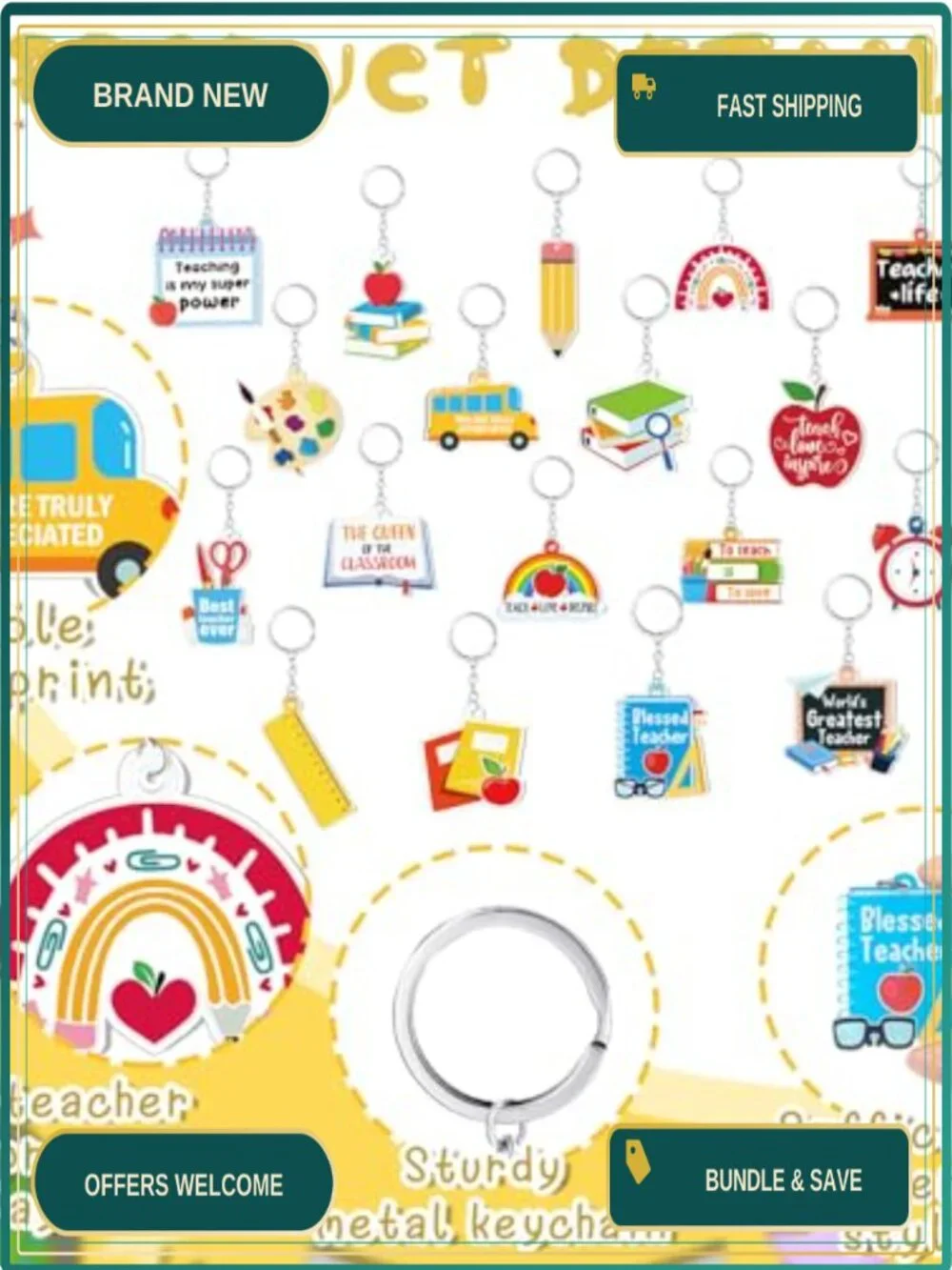 100 Acrylic Back to School Keychains Apple Book Pencil Rainbow Bus Party Favors